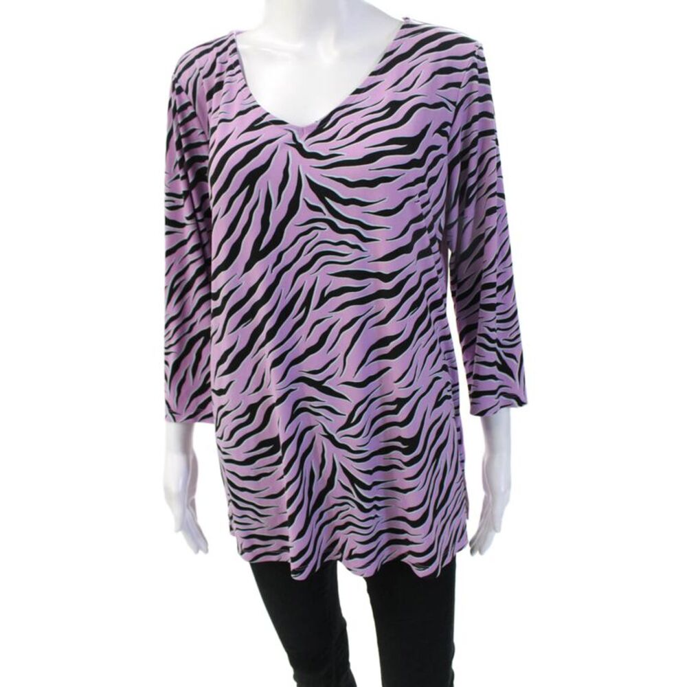 Iman Women Animal Print V-Neck Tunic Blouse Black 3/4 Sleeve Size L